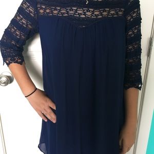 Cute navy blue chiffon flowy midi dress
